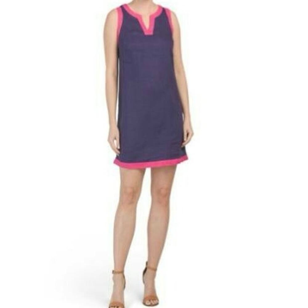 Sigrid Olsen Navy & Pink Linen Shift Dress Sleeveless Split Neck Sheath Sz 1X